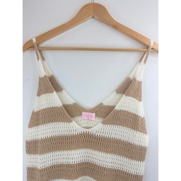 Pink Lily Striped Knit Crochet V Neck Tank Top Women's Size M Boho Festival Chic - Picture 3 of 8